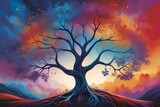 The Harmonious Tapestry A Majestic Tree of Life Crowned with Vibrant Soundscapes