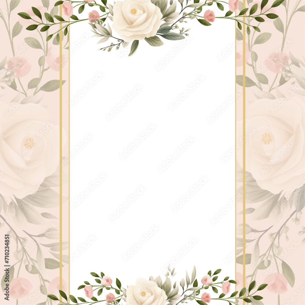 Fototapeta premium White and beige invitation background bouquet watercolor painting with flora and flower. Flower watercolor square background for social media post feed template