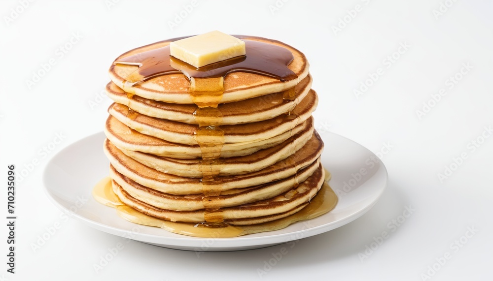 Fluffy Pancakes: A Delectable Sight on White Background Fluffy Pancakes: A Delectable Sight on White Background