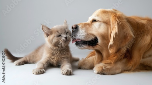 Publicidade pet, cachorro com gatinho juntos em um fundo infinito branco