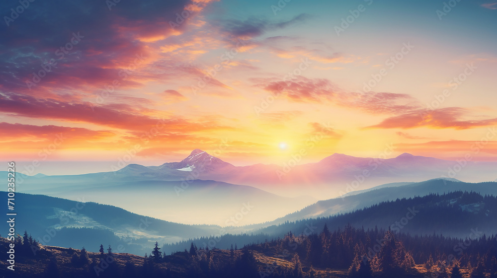 beautiful background with panoramic view colorful sunrise in mountains