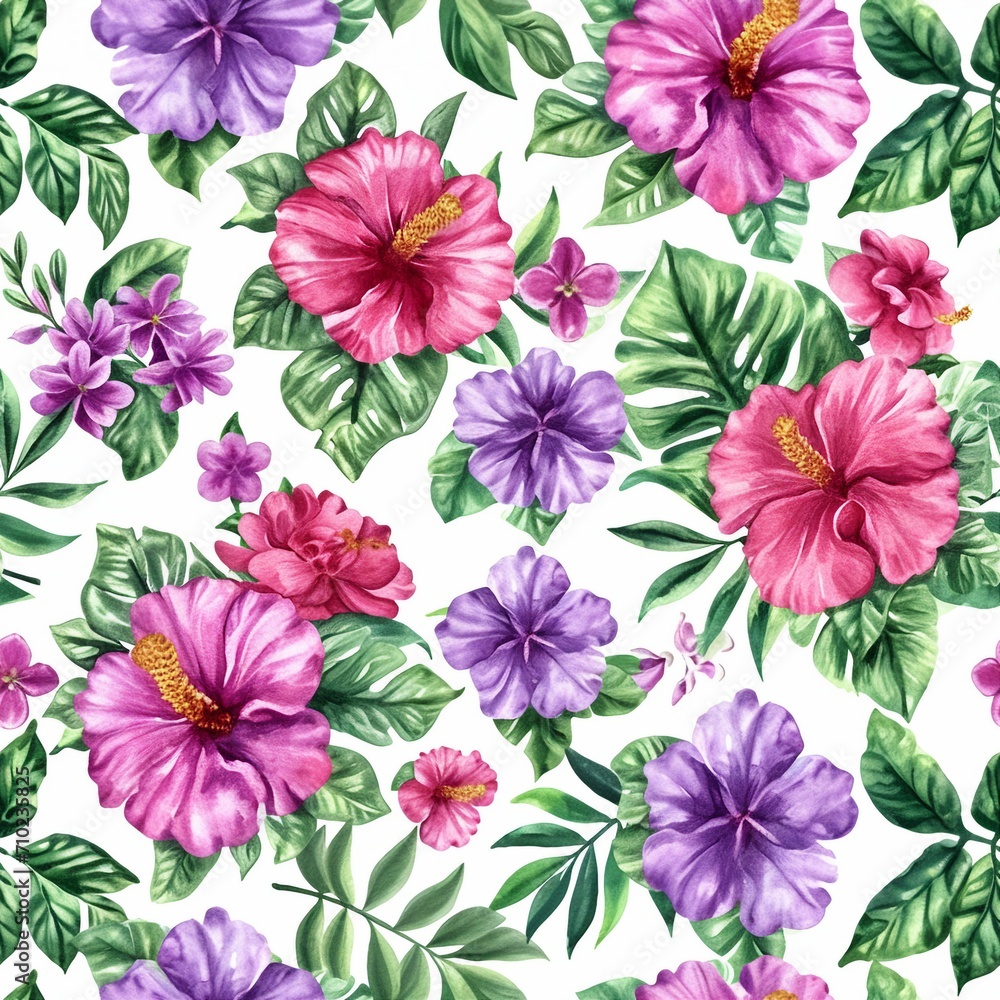 Watercolor flowers pattern, purple and pink tropical elements, green leaves, white background