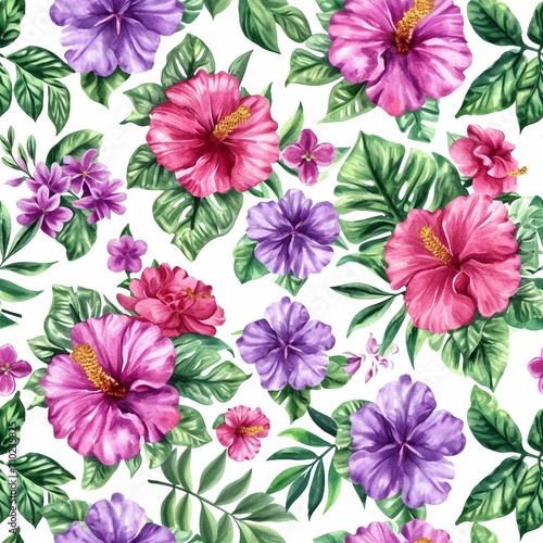 Watercolor flowers pattern  purple and pink tropical elements  green leaves  white background