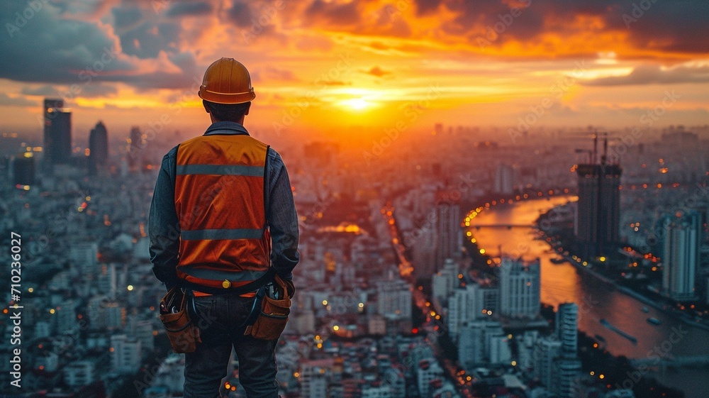 Obraz premium Man the builder opposing the cityscape