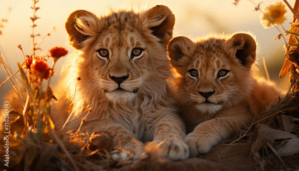 Lioness and cub hiding in grass, looking away generated by AI