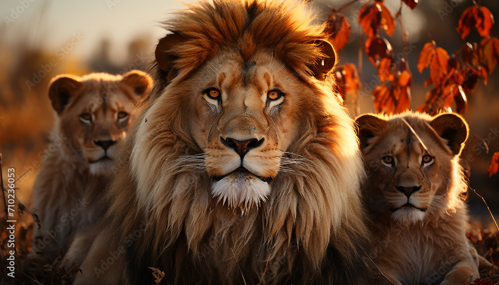 Fototapeta premium Majestic lioness and cub hide in African grass generated by AI