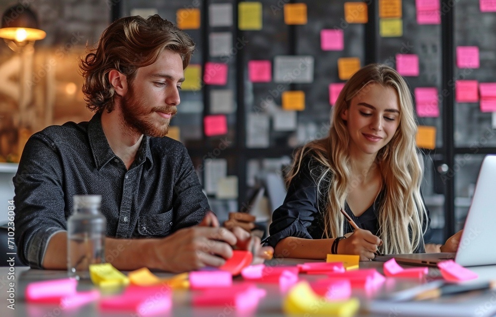 Fototapeta premium In an office, businesspeople brainstorm collectively using sticky notes.