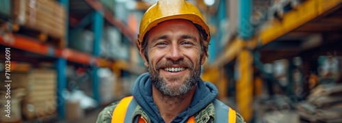 A positive Caucasian engineer with a safety vest is talking to a colleague while standing near a shipping container port and sharing information on a computer. photo