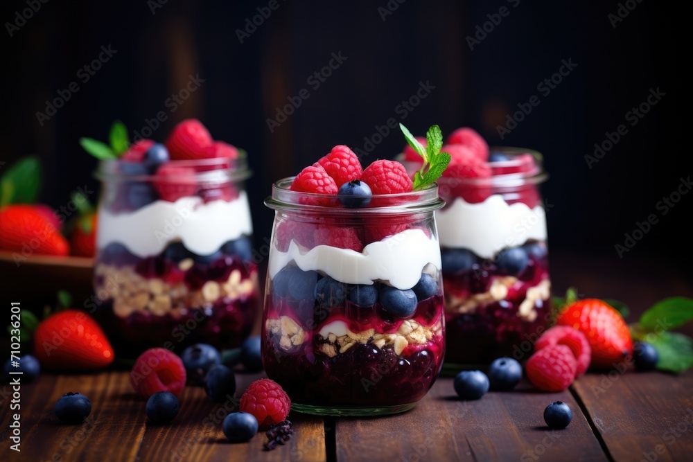 Healthy berry parfaits in jars displayed on dark rustic background