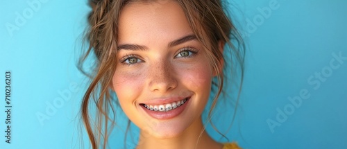 The braces on the teeth of a youthful, attractive brunette woman are pointed out on her face. photo