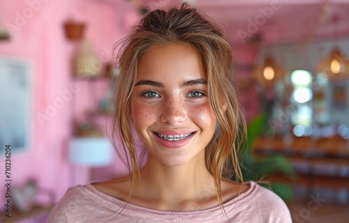 The braces on the teeth of a youthful, attractive brunette woman are pointed out on her face.