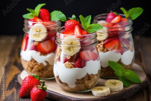 Healthy fruit parfaits in mason jars with a rustic wood backdrop