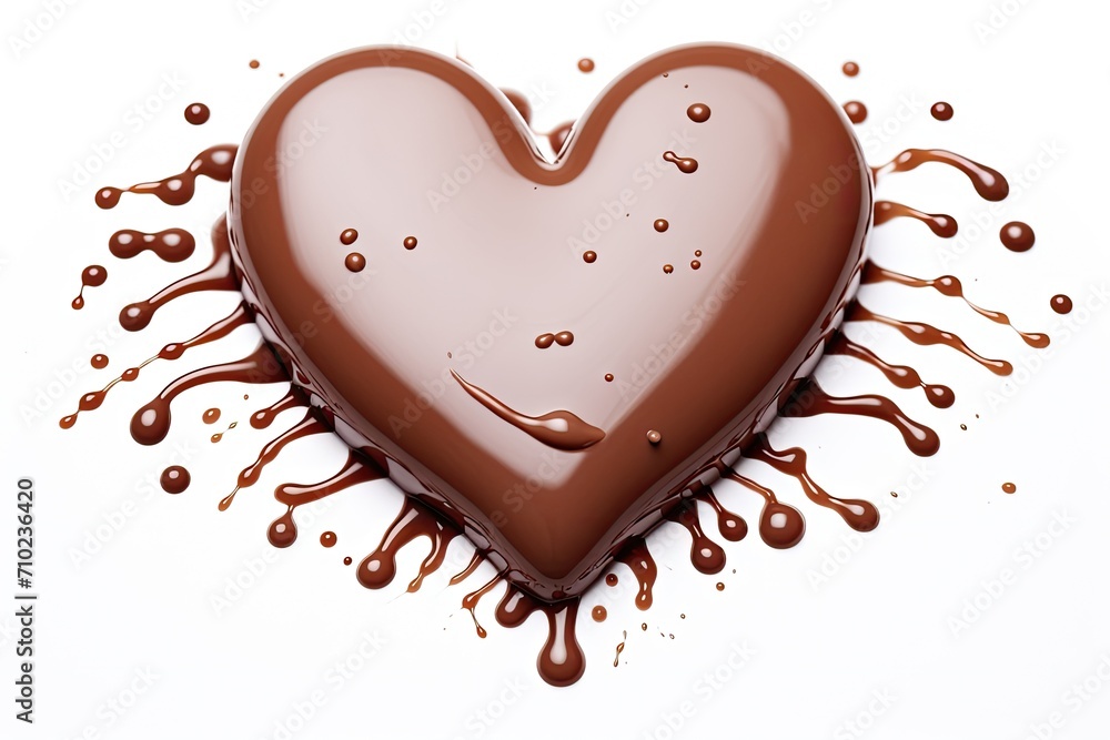 Heart shaped chocolate candy with dripping drops on white background