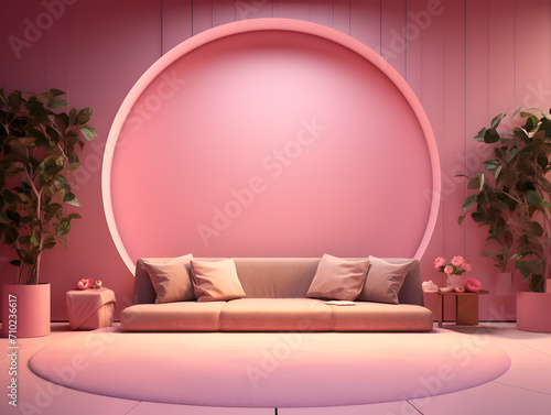 Interior of pink modern Japanese living room with  walls  concrete floor  white round mirror. 3d rendering