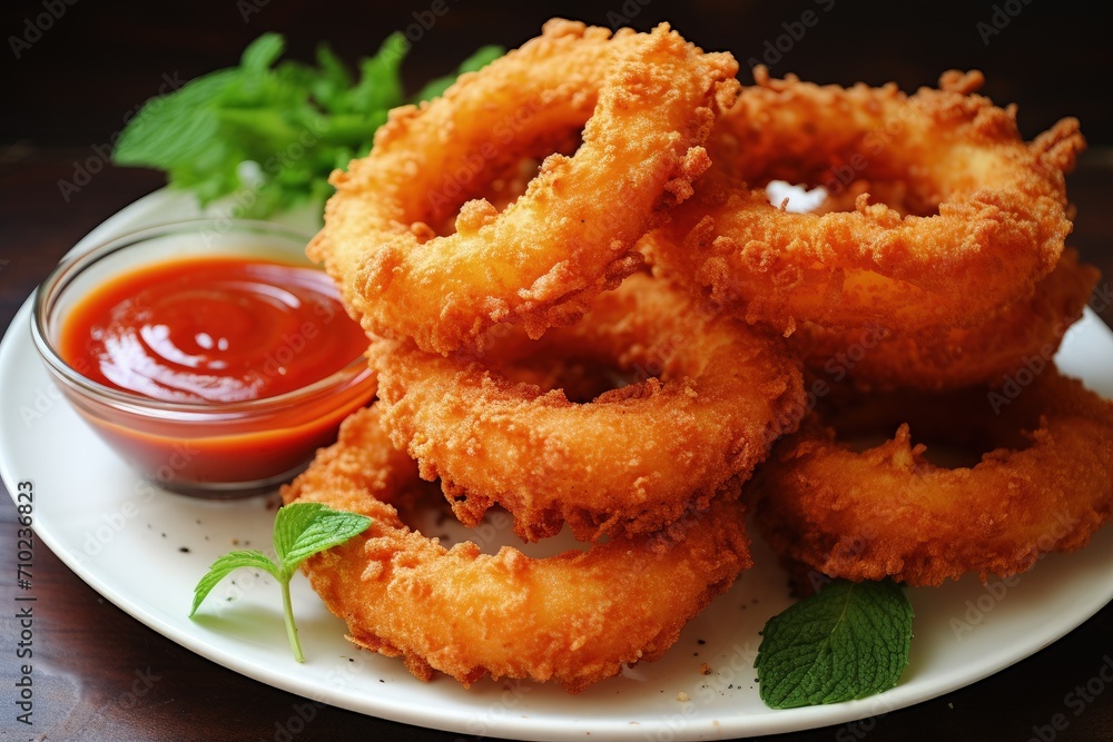 Homemade crispy onion rings with tomato sauce Homemade crispy onion rings with tomato sauce