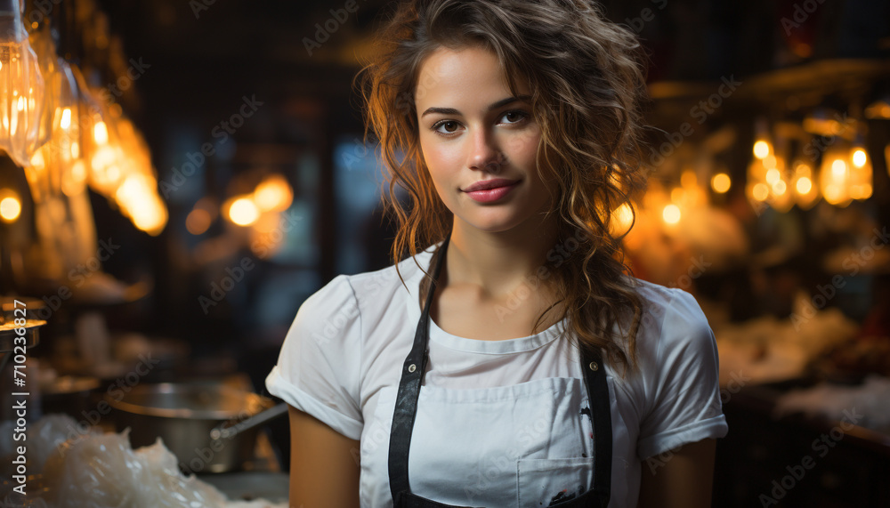 Obraz premium Young woman barista smiling, working in small business generated by AI