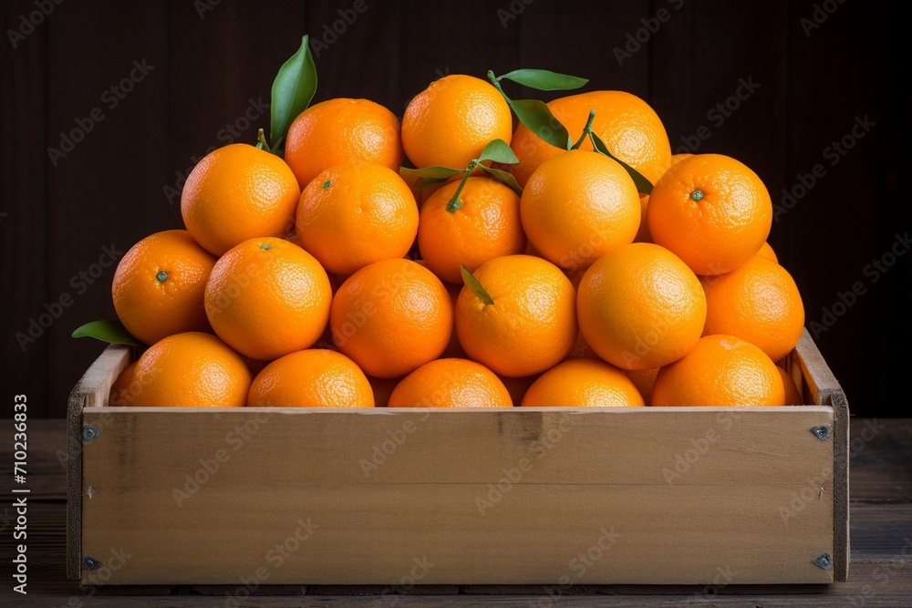 Fresh tangerines in a wooden box on a dark wooden background