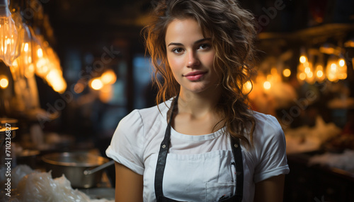 Young woman barista smiling  working in small business generated by AI