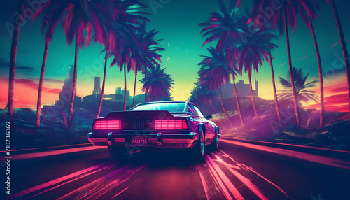 synthwave/vaporwave car riding on road hill among palm trees, volumetric light, wide view © VisualVanguard
