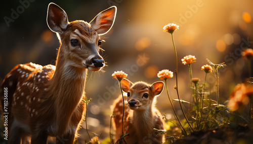 Cute young deer standing in green meadow generated by AI