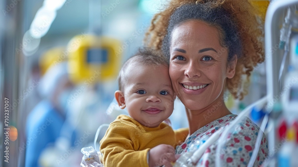 Mother holding her premature baby while he receives treatment in intensive care and is connected to an IV and health monitoring Mother holding her premature baby while he receives treatment in intensive care and is connected to an IV and health monitoring