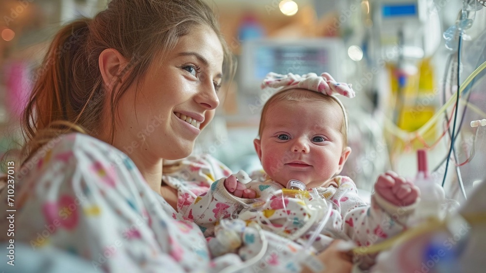 Mother holding her premature baby while he receives treatment in intensive care and is connected to an IV and health monitoring Mother holding her premature baby while he receives treatment in intensive care and is connected to an IV and health monitoring