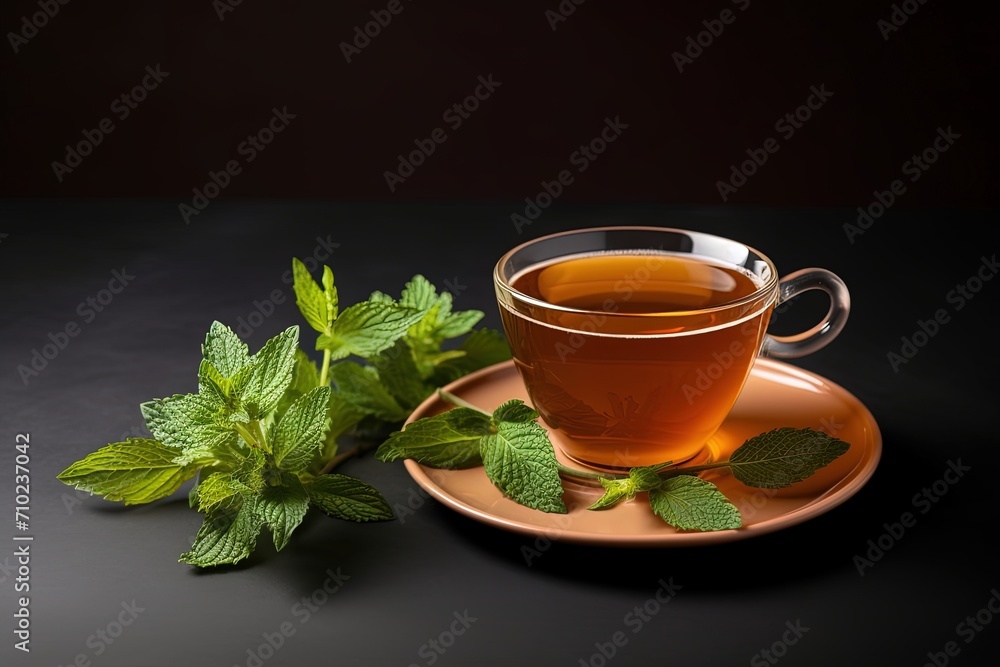 Hot tea with cane sugar dried tea leaves and mint herb Hot tea with cane sugar dried tea leaves and mint herb