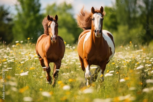Horses gallop in a meadow of flowers