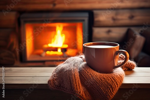 Hot tea on chair with woolen blanket in cozy living room with fireplace on a cozy winter day