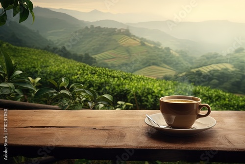 Hot tea with sacking on wooden table surrounded by tea plantations