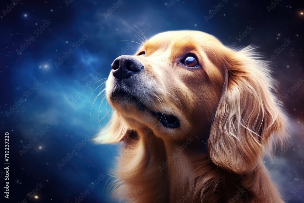 Intelligent and adorable canine gazing upwards against a scenic cosmic backdrop