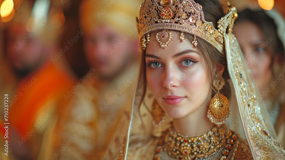 The marriage ritual is performed in the temple by the priest, who covers the bride's head with a silver crown.