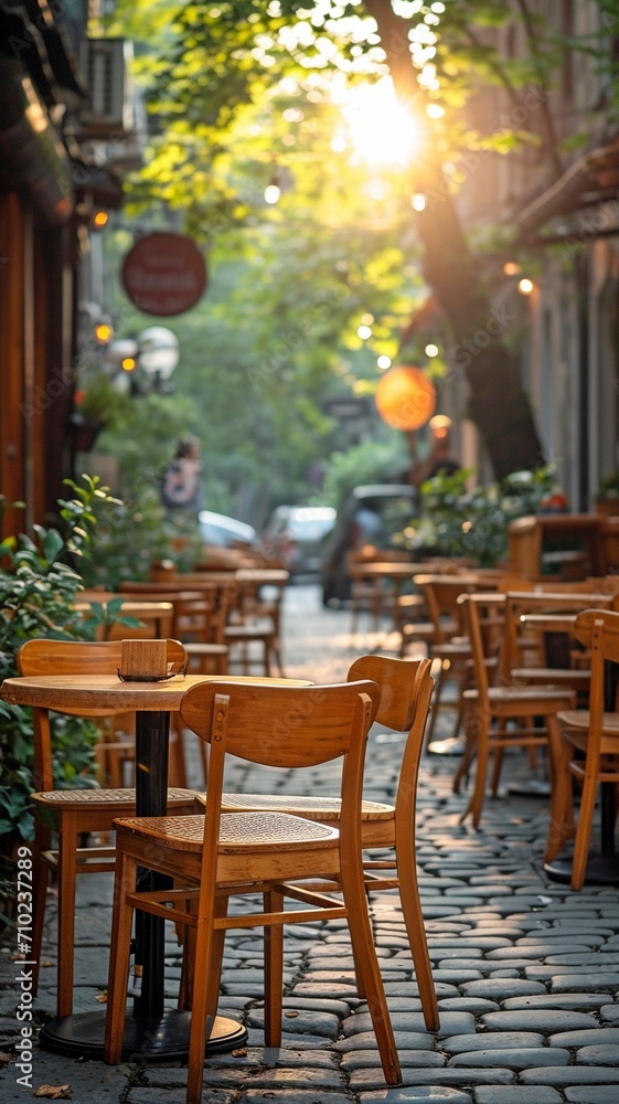 The street with a row of wooden seats