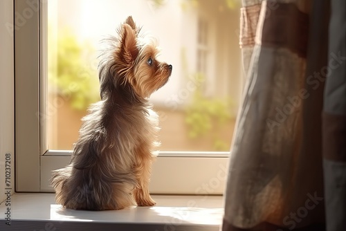 Indoor pet a cute small dog stands on hind legs gazes out window searching or waiting for owner