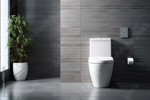 Interior of a toilet room with white toilet shower cabin and gray walls photo