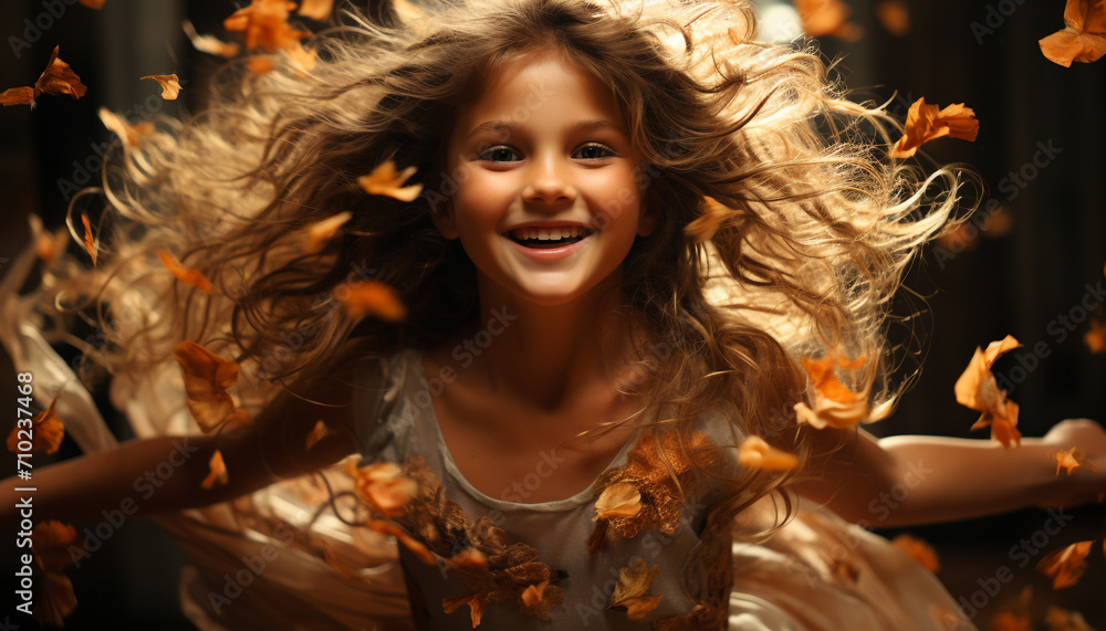 Fototapeta premium Smiling girl enjoys autumn, throwing leaves, carefree and happy generated by AI