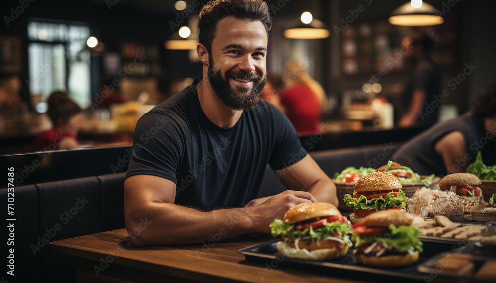 Smiling young man enjoying a delicious burger meal generated by AI