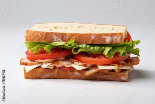 Isolated white background with a turkey sandwich and tomato and lettuce