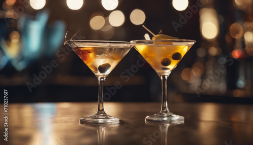 Two martini glasses filled with cocktails and garnished with olives  placed on a bar counter  illuminated by the soft glow of ambient lighting.