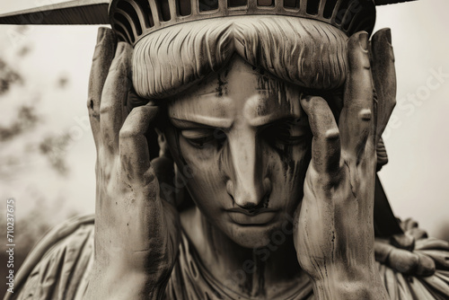 Emotional statue of liberty with her head in hands. American state of grief and depression