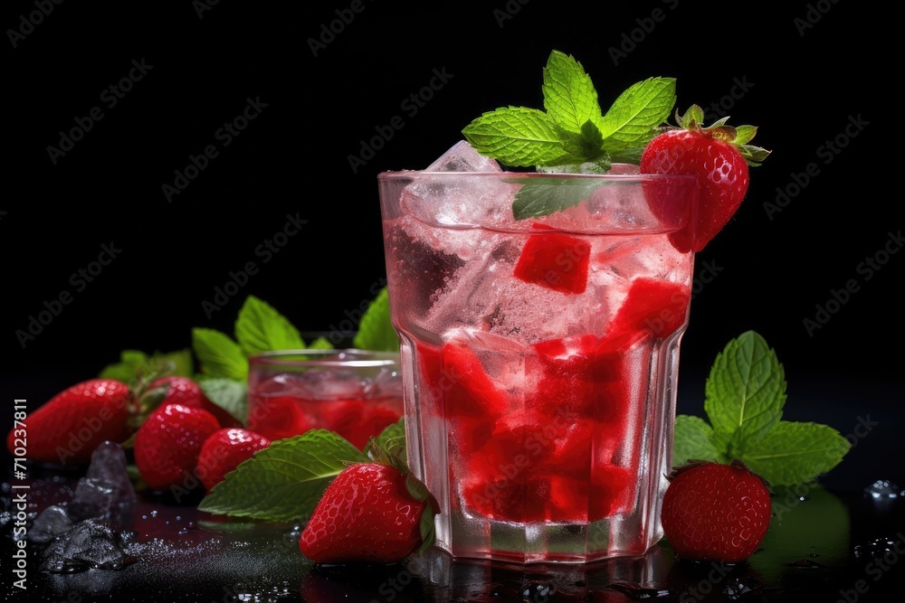 A beverage consisting of a red-colored liquid served chilled with cubes of frozen water. A beverage consisting of a red-colored liquid served chilled with cubes of frozen water.