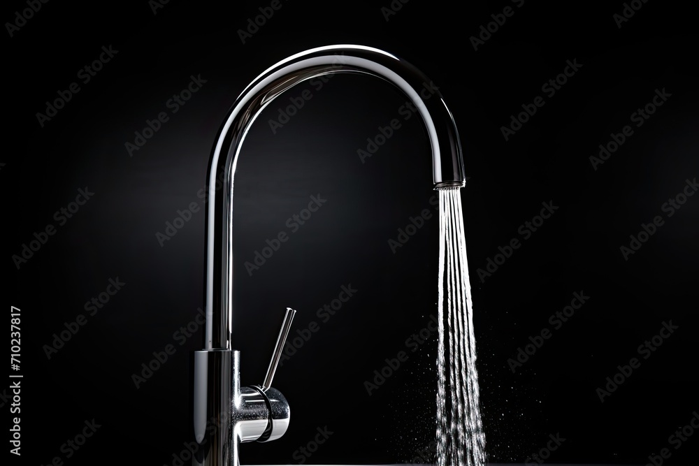 A contemporary metal water faucet for the kitchen, with a single water droplet suspended from it, set against a black backdrop. The drop of water is in sharp focus, while the rest is blurred. A contemporary metal water faucet for the kitchen, with a single water droplet suspended from it, set against a black backdrop. The drop of water is in sharp focus, while the rest is blurred.