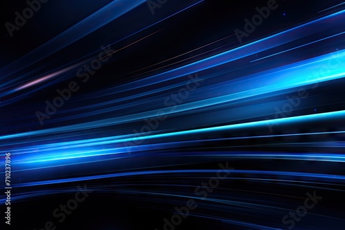 A digitally created picture displaying rapid movements of blue light and stripes on a dark background.