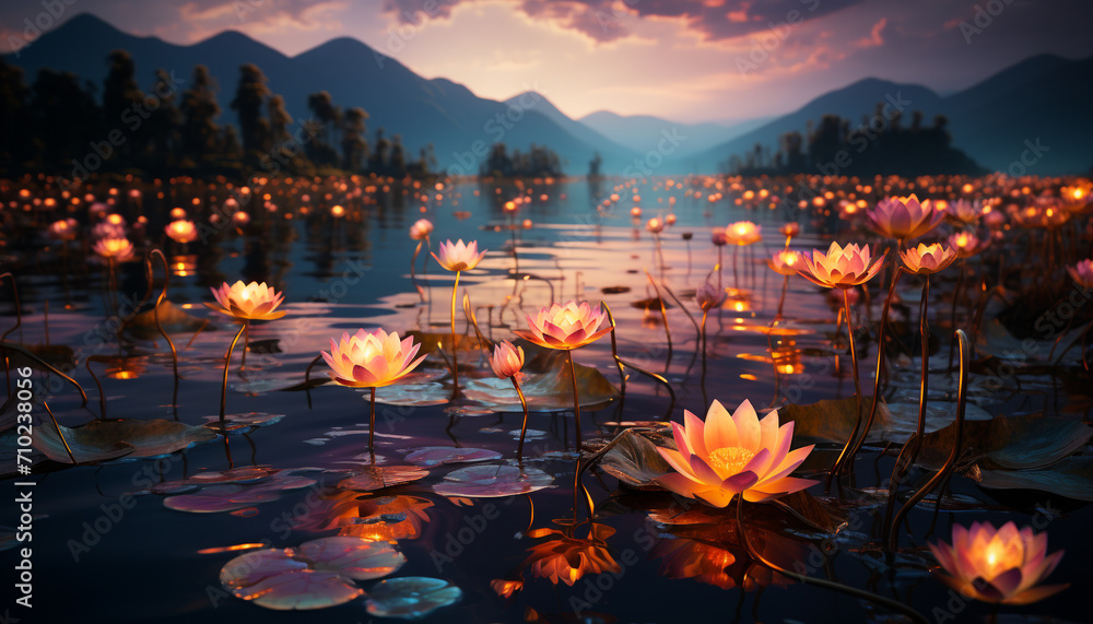 Nature beauty reflected in a tranquil pond, flowers blossom generated by AI