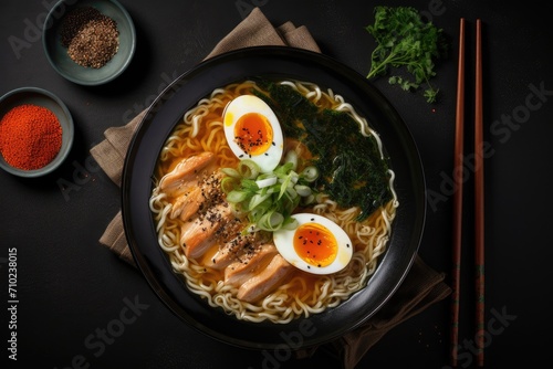 Japanese ramen soup with chicken egg nori and nipposinica served on a dark background