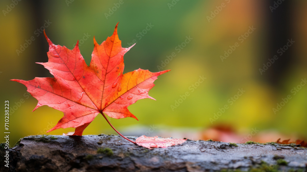 A close-up of a red maple leaf with veins and spots, detaching from a branch with other green and yellow leaves, against a blurred background of a forest in autumn, nature photography A close-up of a red maple leaf with veins and spots, detaching from a branch with other green and yellow leaves, against a blurred background of a forest in autumn, nature photography