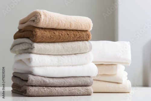 A pile of clean and plush towels resting on a plain white surface
