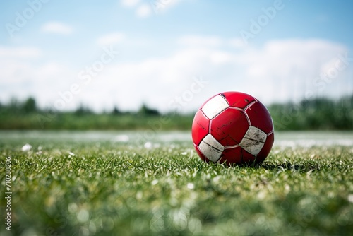 A soccer ball is present on the football field