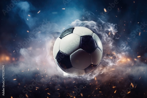 Abstract background with bokeh and smoke featuring a floating soccer ball in a football stadium