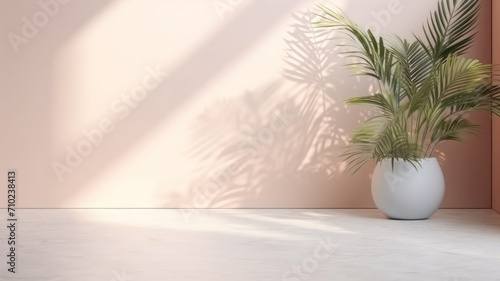 Minimalistic light background with blurred Monstera Deliciosa plant pot shadow on a light wall. Beautiful background for presentation with with marble floor